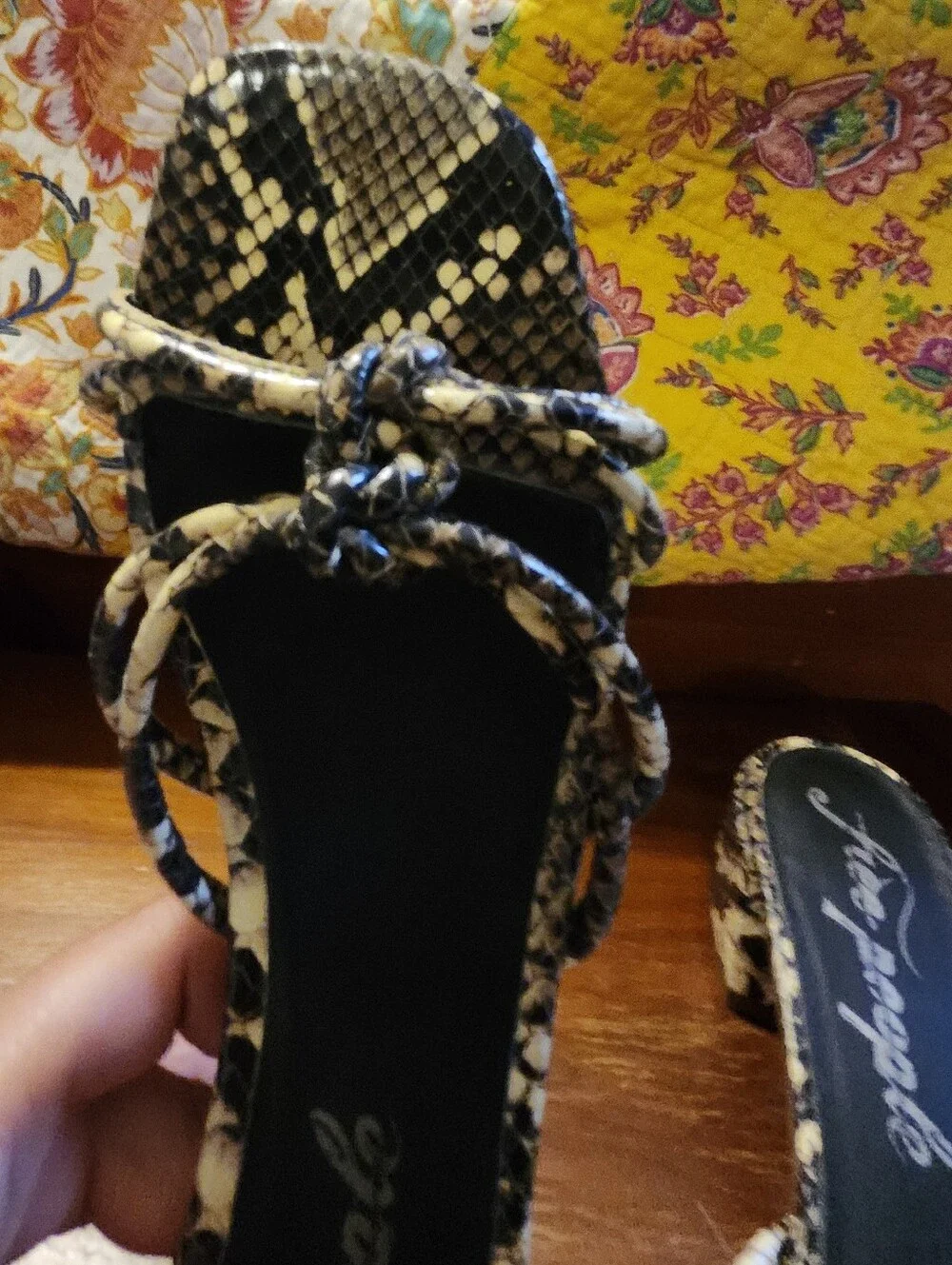 Free People Black and Cream Snake-Print Strappy Heeled Mules Sandals